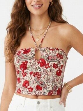 Paisley Floral Red Tankini Top Halter Keyhole Swimsuit Tank Summer Beach Retro